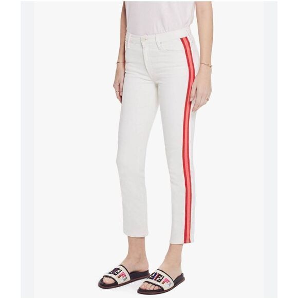 Mother The Mid-Rise Dazzler Crop 
White W/ Red Stripe Jeans 27 - Picture 1 of 10